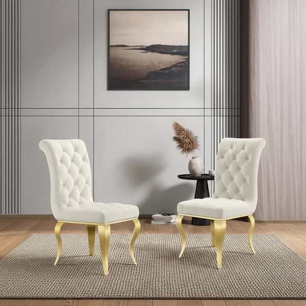Luxury White Velvet Dining Chairs with Crystal Decor Button Tufted Back and Gold Metal Legs