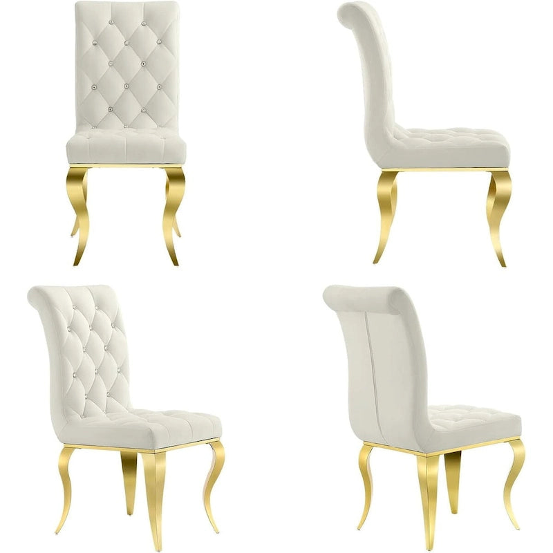 Chaises de salle à manger de luxe en velours blanc avec boutons de décoration en cristal et pieds en métal doré