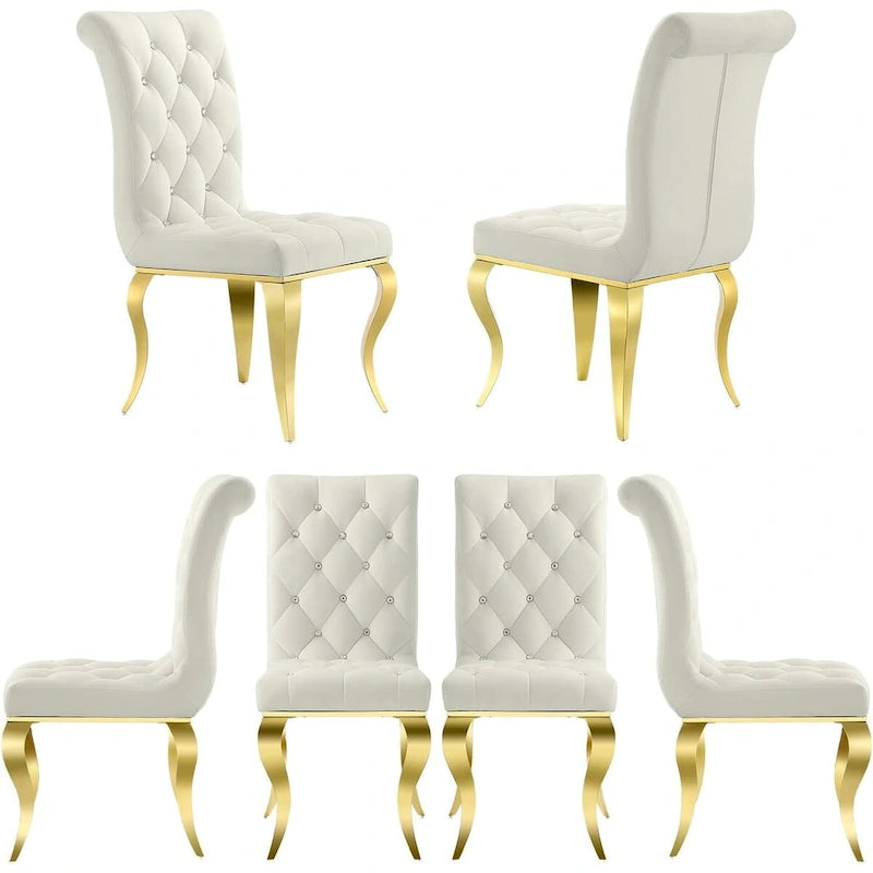 Chaises de salle à manger de luxe en velours blanc avec boutons de décoration en cristal et pieds en métal doré