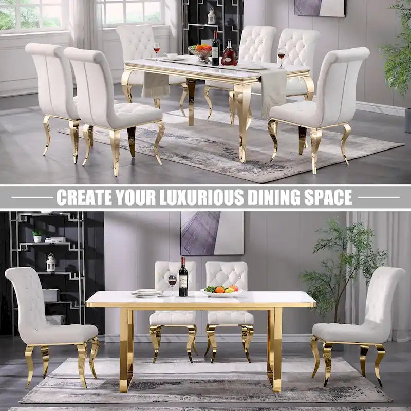 Chaises de salle à manger de luxe en velours blanc avec boutons de décoration en cristal et pieds en métal doré