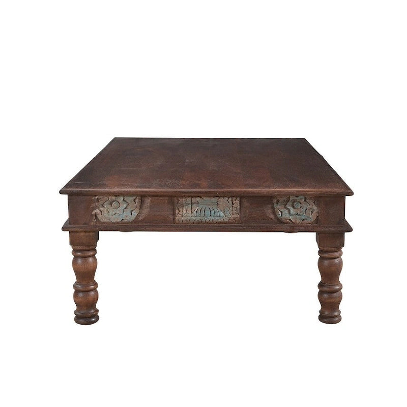 Table basse en bois recyclé à panneaux sculptés - 55 x 34