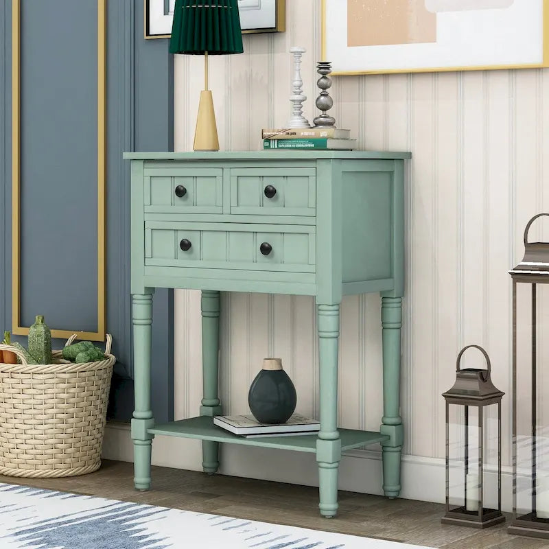 Console en bois massif vieilli avec trois tiroirs de rangement et une étagère inférieure