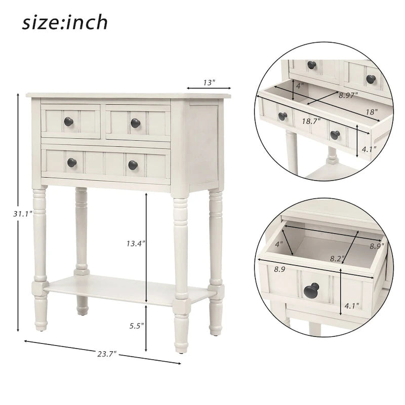 Console en bois massif vieilli avec trois tiroirs de rangement et une étagère inférieure