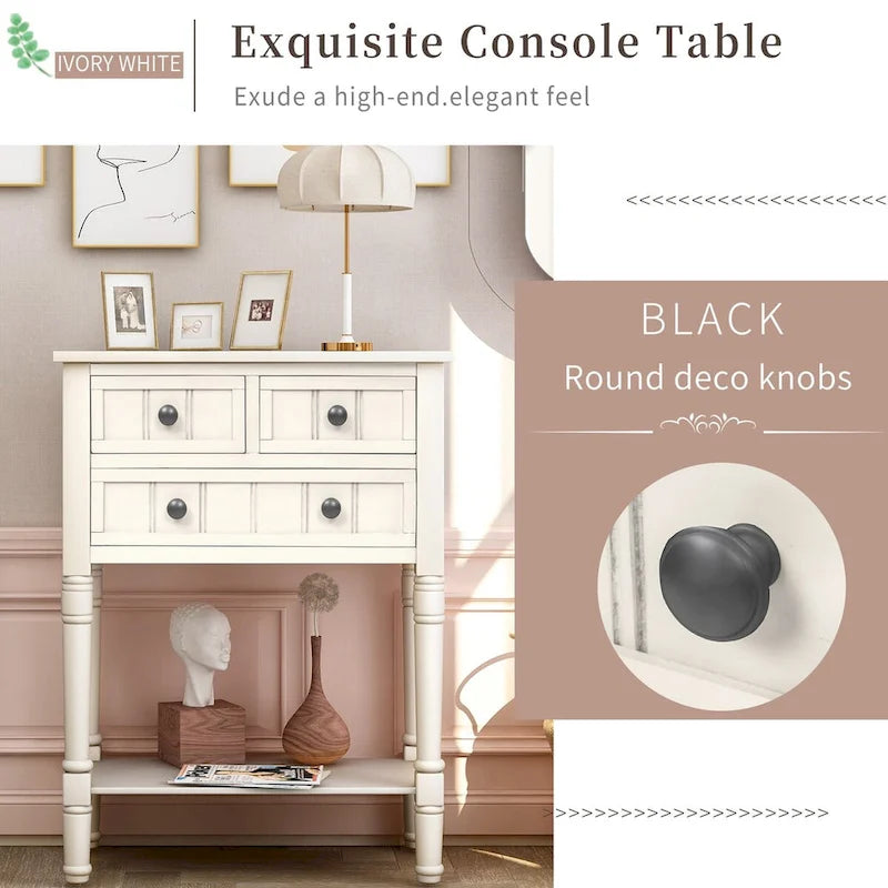 Console en bois massif vieilli avec trois tiroirs de rangement et une étagère inférieure