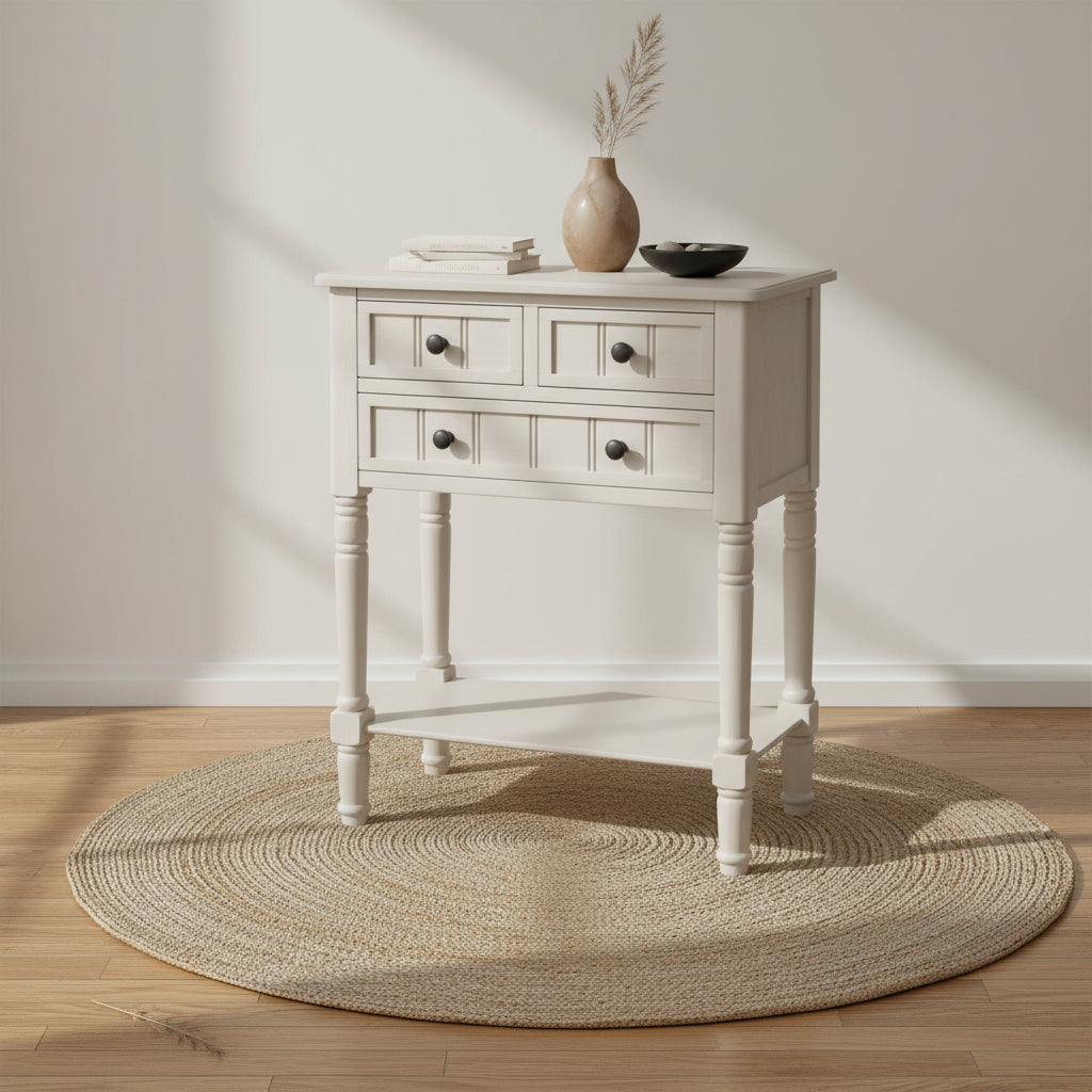 Console en bois massif vieilli avec trois tiroirs de rangement et une étagère inférieure