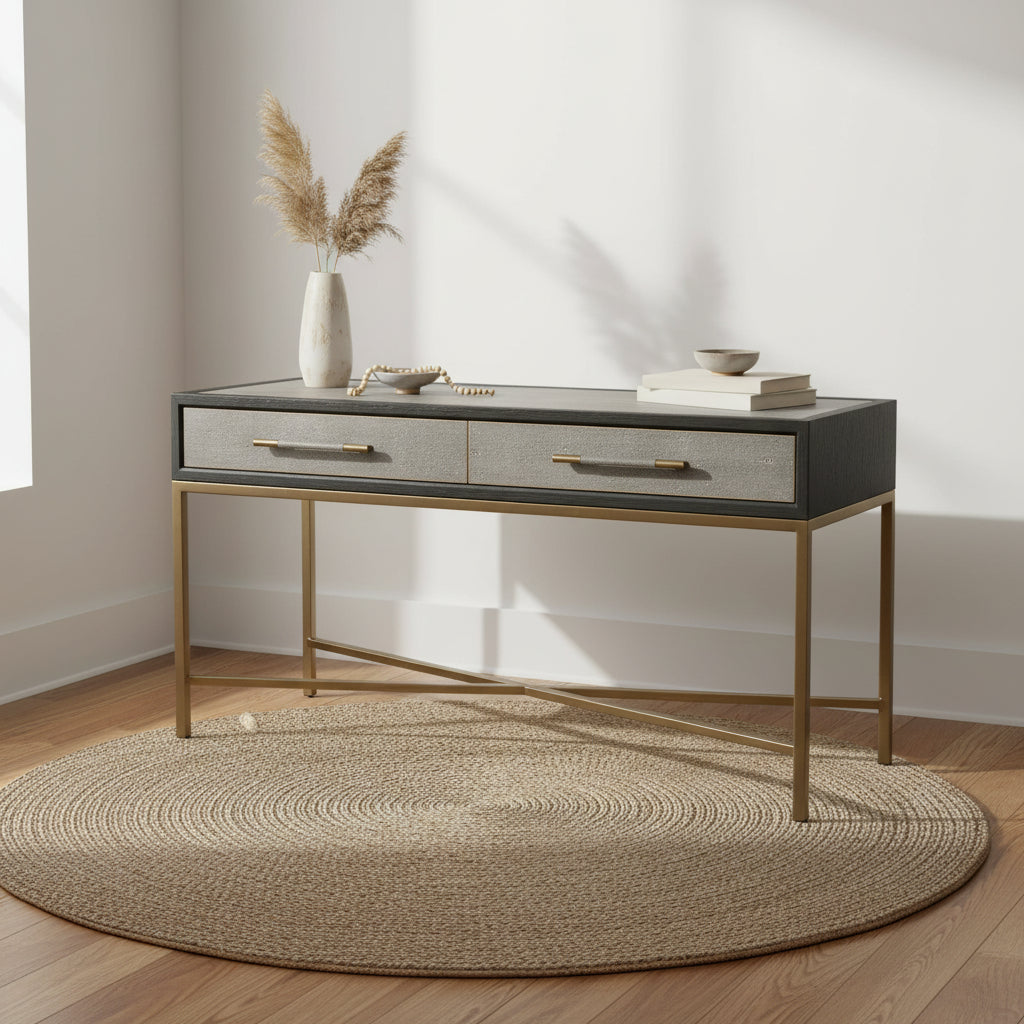 Macari Miki Art Deco Solid Wood AndVegan Leather Shagreen With Brass Accents Console Table - 59W x 16D x 32.3H