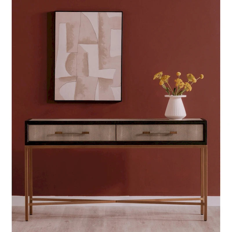 Console Art Déco en bois massif et cuir végétalien façon galuchat avec accents en laiton - 150 cm (L) x 41 cm (P) x 82 cm (H)