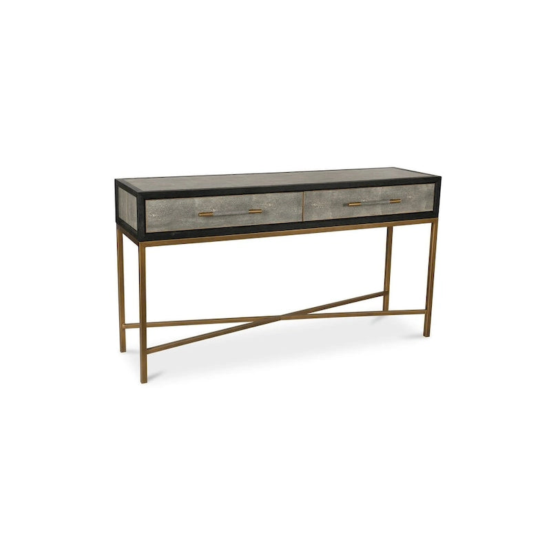 Console Art Déco en bois massif et cuir végétalien façon galuchat avec accents en laiton - 150 cm (L) x 41 cm (P) x 82 cm (H)