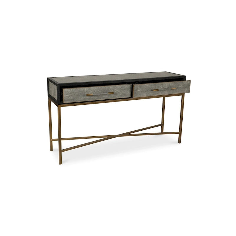 Console Art Déco en bois massif et cuir végétalien façon galuchat avec accents en laiton - 150 cm (L) x 41 cm (P) x 82 cm (H)