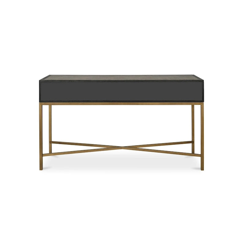 Console Art Déco en bois massif et cuir végétalien façon galuchat avec accents en laiton - 150 cm (L) x 41 cm (P) x 82 cm (H)