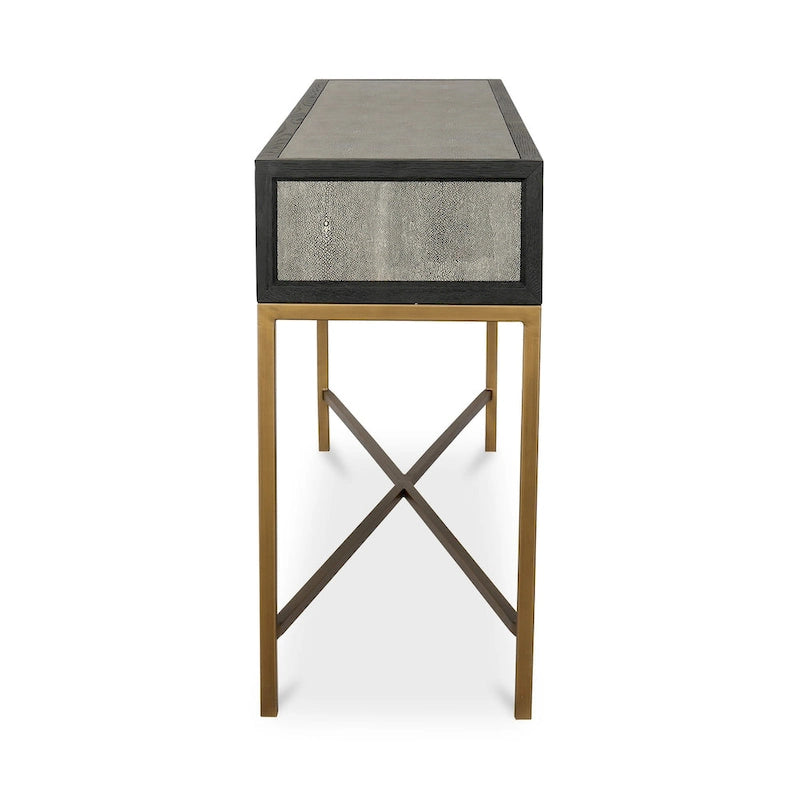 Console Art Déco en bois massif et cuir végétalien façon galuchat avec accents en laiton - 150 cm (L) x 41 cm (P) x 82 cm (H)