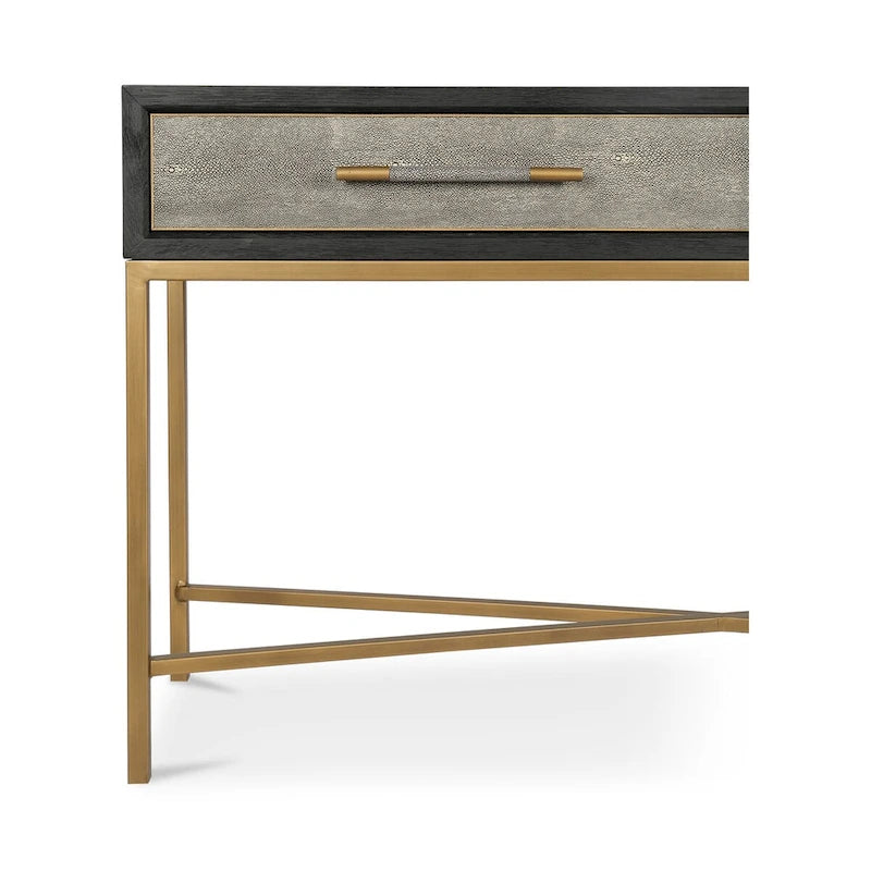 Console Art Déco en bois massif et cuir végétalien façon galuchat avec accents en laiton - 150 cm (L) x 41 cm (P) x 82 cm (H)