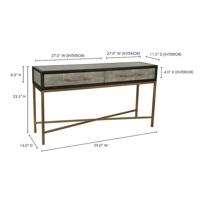 Console Art Déco en bois massif et cuir végétalien façon galuchat avec accents en laiton - 150 cm (L) x 41 cm (P) x 82 cm (H)